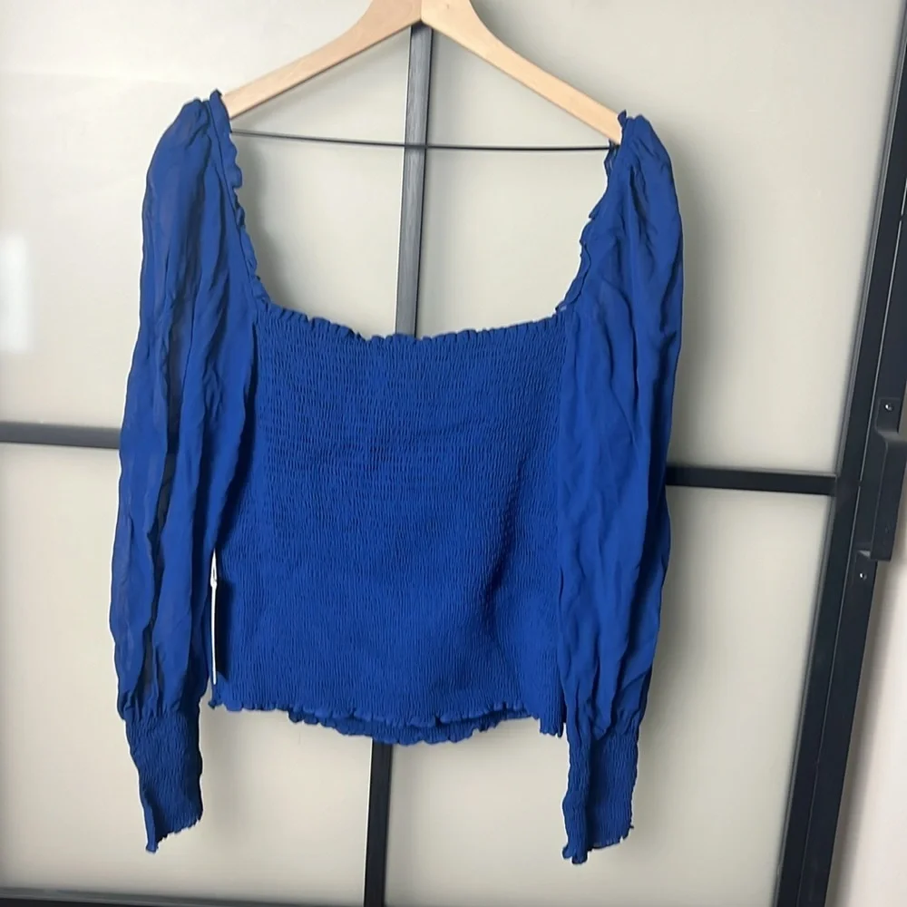 Reformation Royal Blue Smocked Long Sleeve Blouse